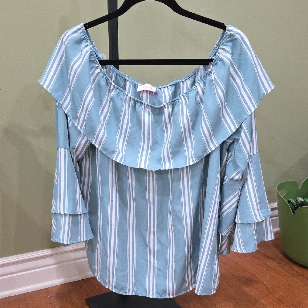 Pink Lily Blue Striped Ruffle Blouse